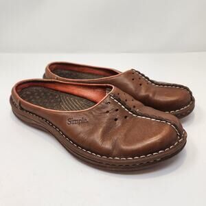 Simple Shoes Womens Brown Leather Clogs Mules Size 8.5 Split Toe Slip On Comfort